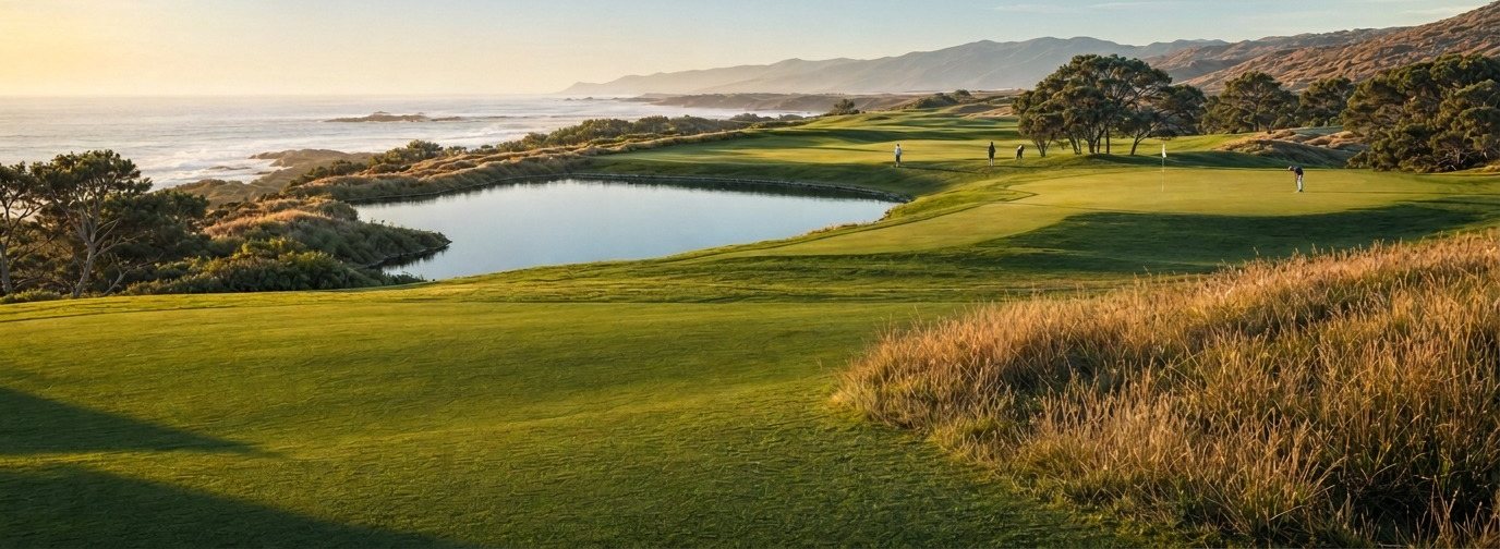 A links course on a clifftop above the sea, with four golfers on a green in the evening light.